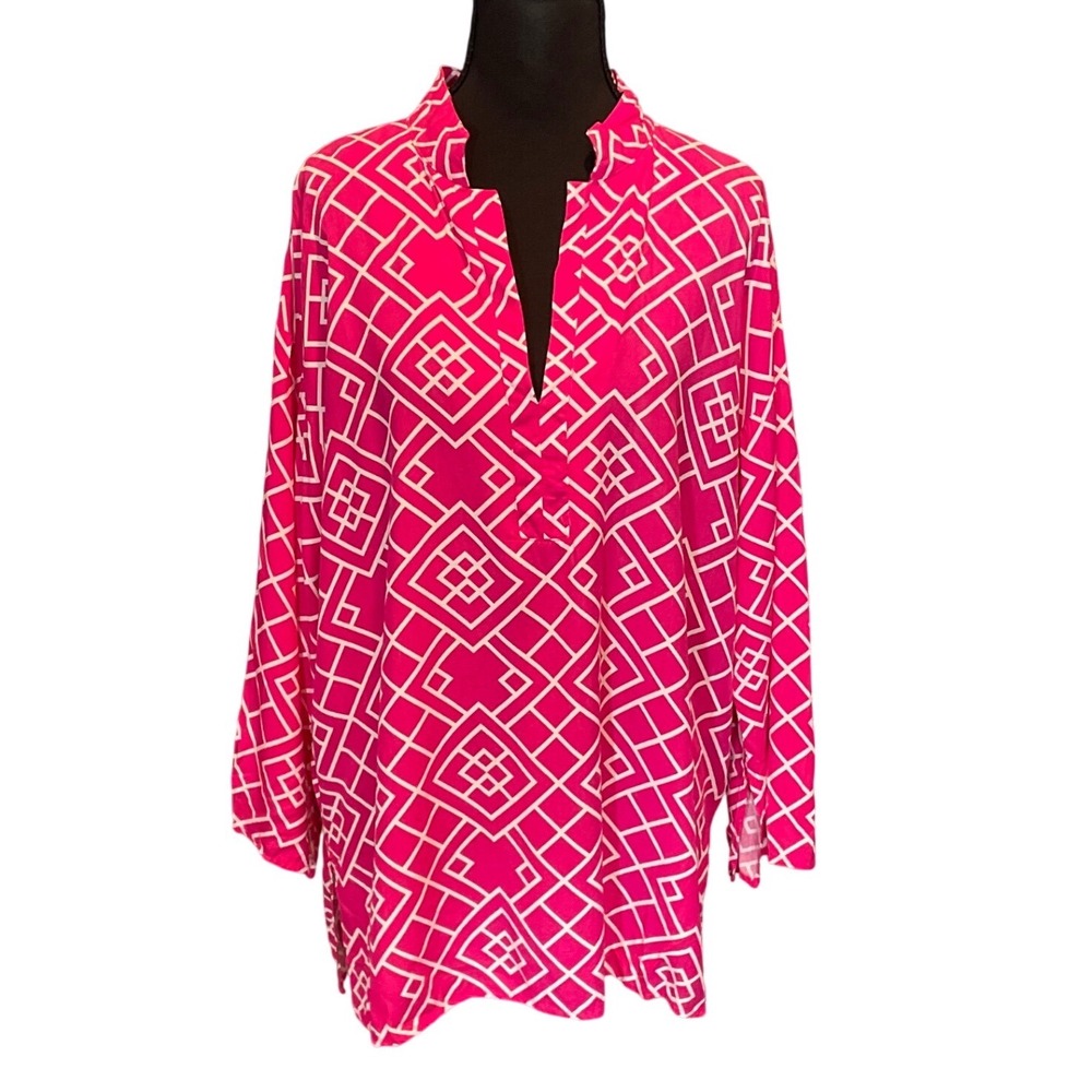 Natori Pink Geometric Lattice Tunic V-Neck L Loungewear Palm Beach Preppy